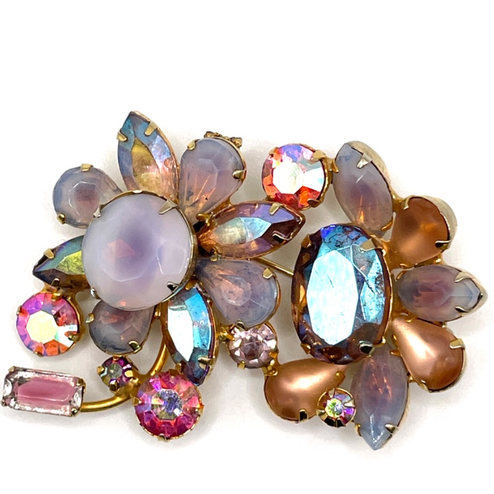 Kramer Signed Vintage Satin Glass Faceted Crystal Pin Brooch